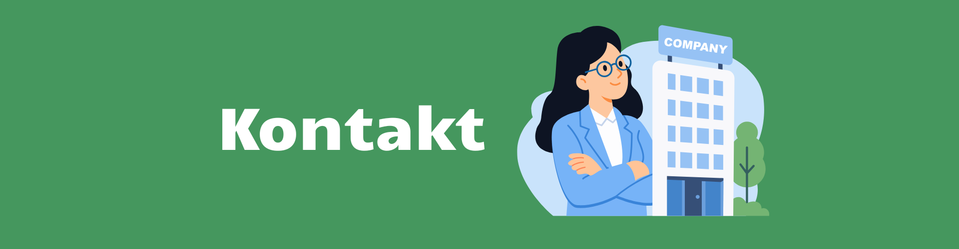 Baner z napisem „Kontakt” oraz ilustracją pracowniczki stojącej przed budynkiem firmy, symbolizującą możliwość kontaktu z przedsiębiorstwem