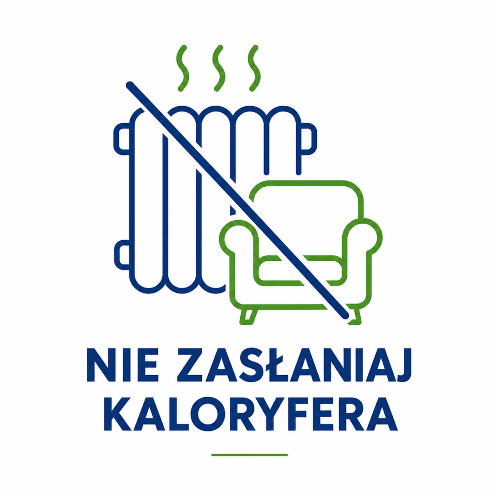 Grafika z przekreślonym fotelem przed grzejnikiem oraz napisem „Nie zasłaniaj kaloryfera”, zachęcająca do nieblokowania przepływu ciepła