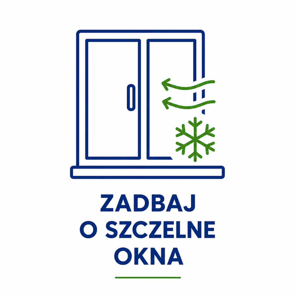 Grafika przedstawiająca okno z symbolem napływu zimnego powietrza oraz napis Zadbaj o szczelne okna, zachęcająca do ograniczania strat ciepła.