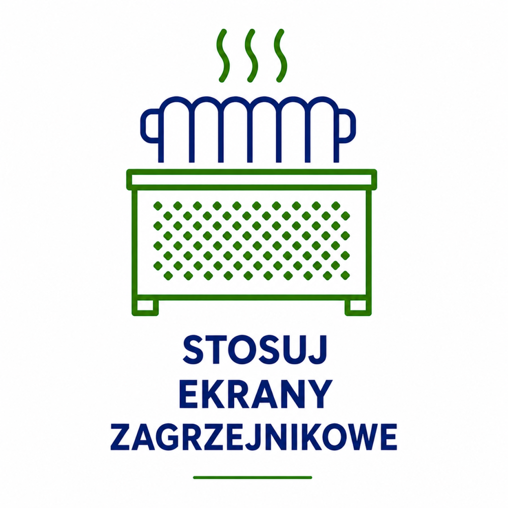 Grafika przedstawiająca grzejnik z ekranem grzejnikowym oraz napis Stosuj ekrany zagrzejnikowe, zachęcająca do ograniczania strat ciepła przez ściany.