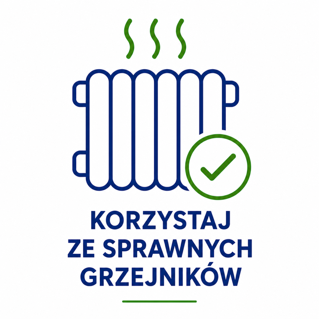 Grafika przedstawiająca grzejnik z symbolem poprawnego działania oraz napis Korzystaj ze sprawnych grzejników, zachęcająca do utrzymywania instalacji grzewczej w dobrym stanie.