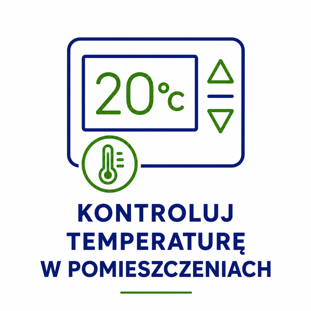 Grafika przedstawiająca regulator temperatury ustawiony na 20°C oraz napis Kontroluj temperaturę w pomieszczeniach, zachęcająca do utrzymywania optymalnej temperatury w domu.