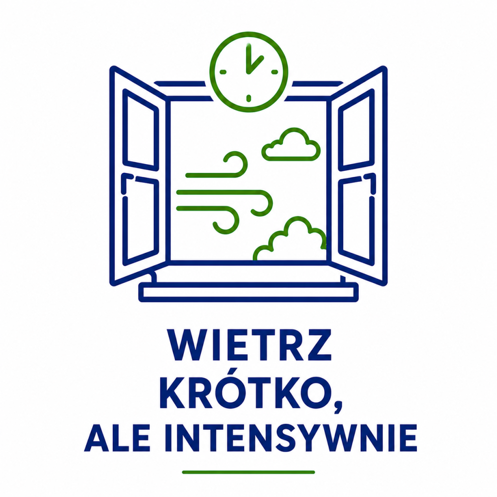 Grafika przedstawiająca otwarte okno z symbolem zegara oraz napis Wietrz krótko, ale intensywnie, zachęcająca do efektywnego wietrzenia pomieszczeń.