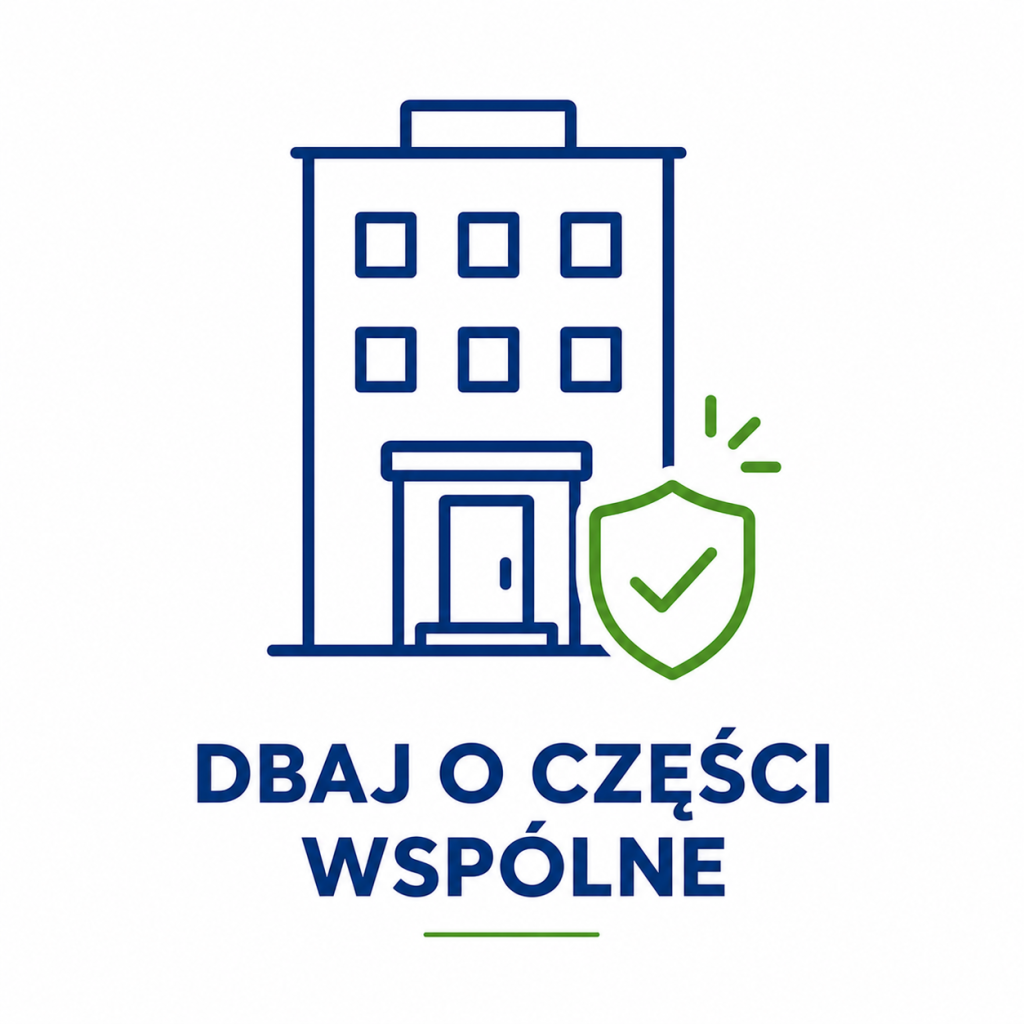 Grafika przedstawiająca budynek z symbolem tarczy ochronnej oraz napisem Dbaj o części wspólne, zachęcająca do dbania o wspólną infrastrukturę budynku.
