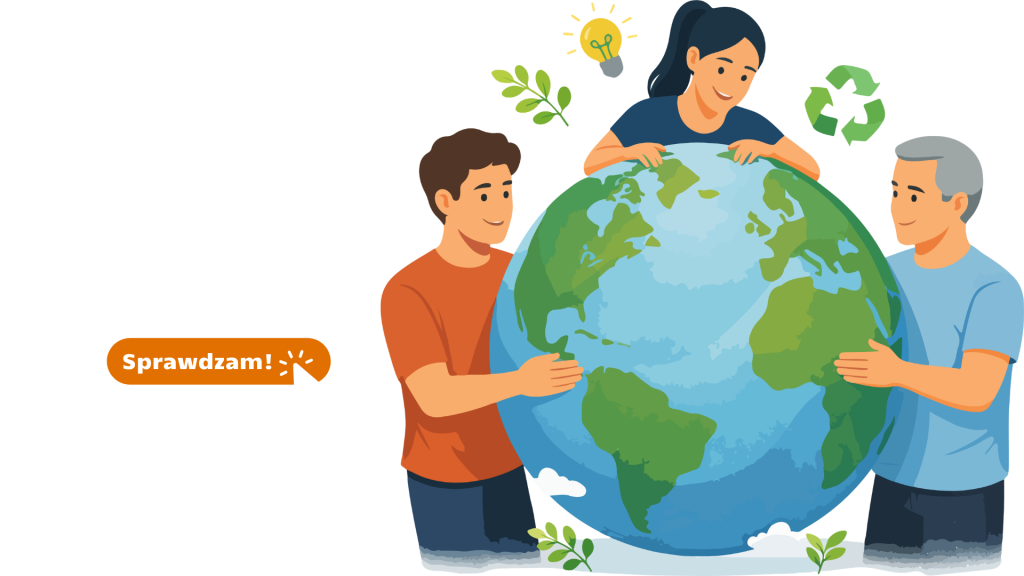 Grafika z napisem Czym jest transformacja energetyczna oraz ilustracją trzech osób otaczających planetę Ziemię, symbolizującą wspólne działania na rzecz zrównoważonego rozwoju i ochrony klimatu.