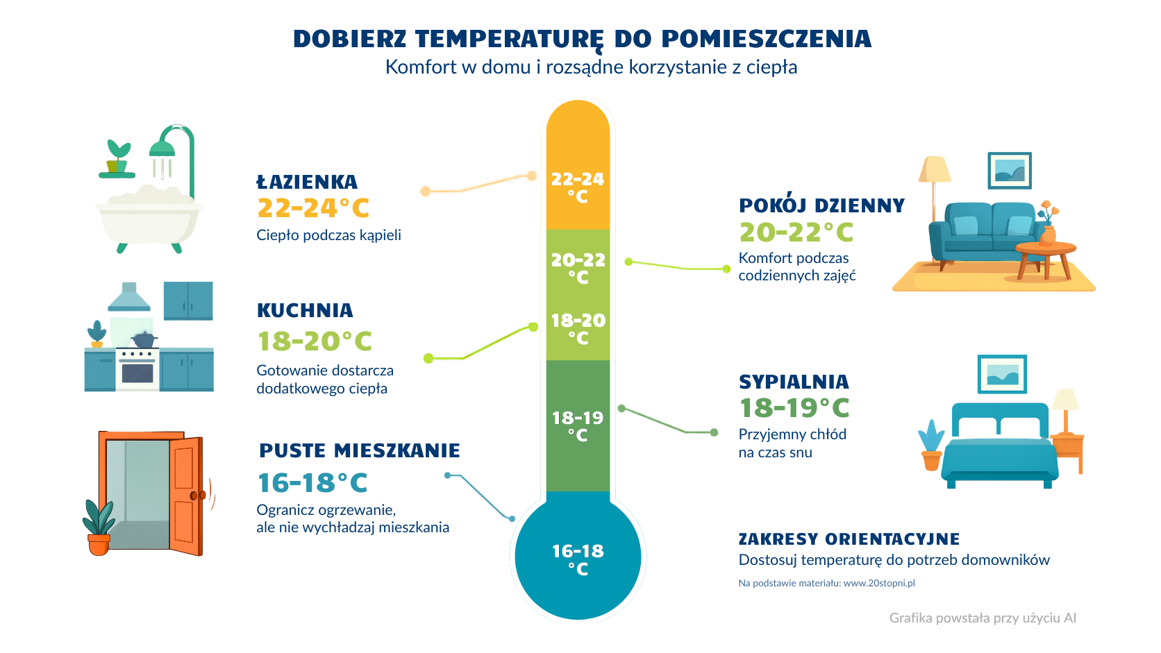 Zakres orientacyjny temperatur w pomieszczeniach: kuchni, łazience, sypialni, pokoju dziennym